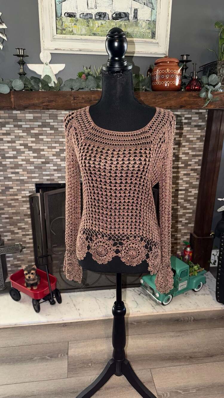 BCBGMAXAZRIA Crochet Long Sleeve Sweater Top Bronze Metallic